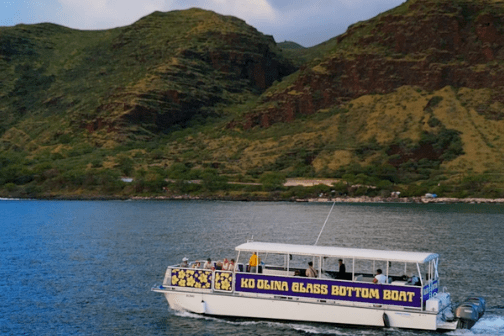 Glass bottom boat on ocean near green hills and cloudy sky.